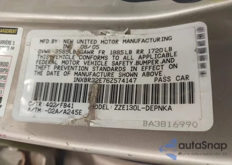 2006 Toyota Corolla Le из США, поврежденный, VIN 1NXBR32E76Z574147